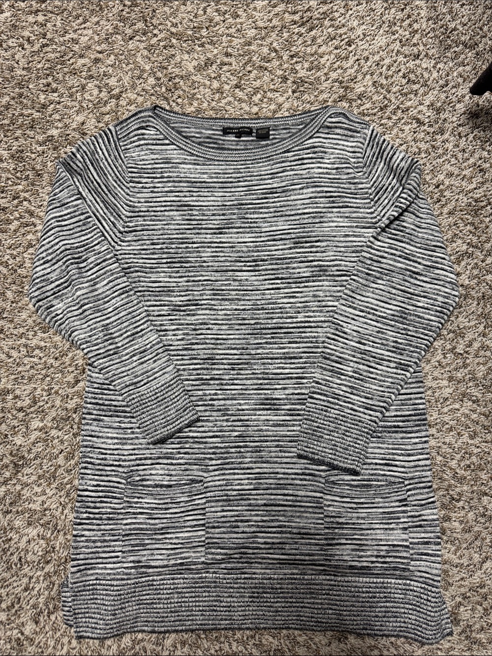 JEANNE PIERRE Black and White Striped Crewneck Sweater